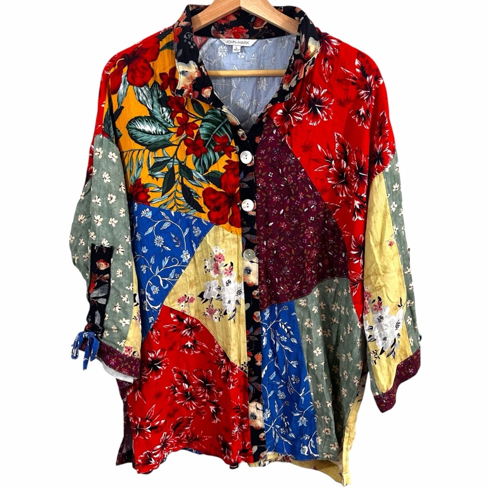 John Mark Patchwork 3/4 Cinch Tie Sleeve Point Collar Blouse Size Large